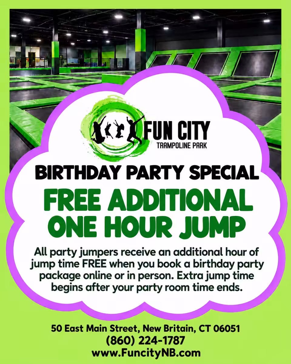 Fun City Birthday Party Special: free additional one-hour jump. All party jumpers receive an additional hour of jump time free when you book a birthday party package online or in person. Extra jump time begins after your party room time ends.